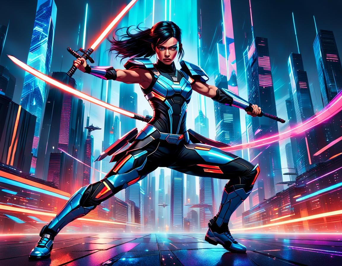 Futuristic Warrior Woman Kicking in Neon Cityscape