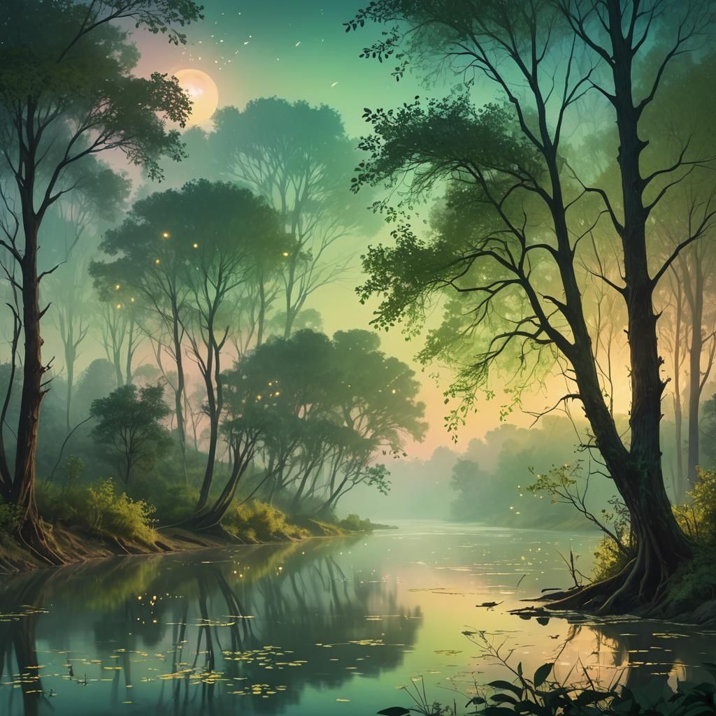 Tranquil River Landscape in Soft Pastel Colors