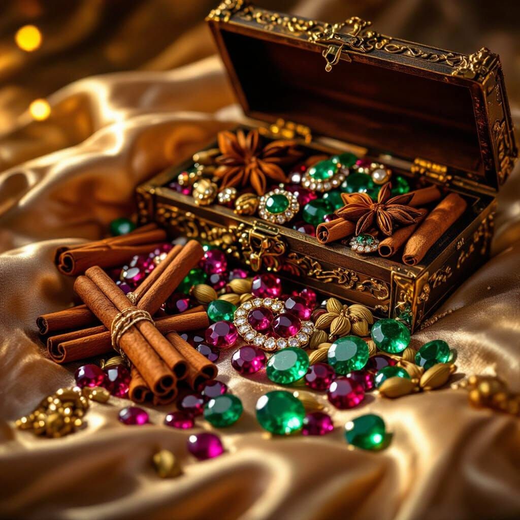 Ancient Treasures: Spices, Gems, and Silk in Golden Light
