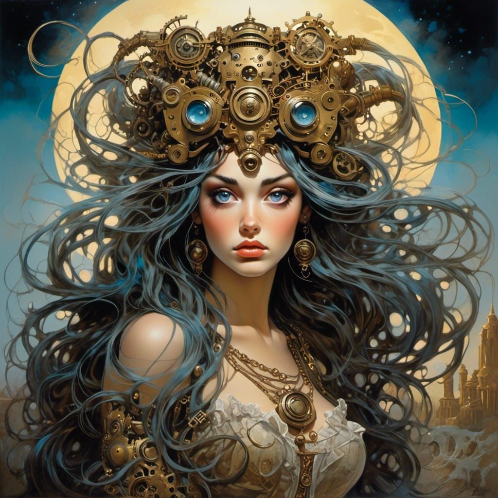 Steampunk Fairy in Surreal Moonscape, Oil on Canvas