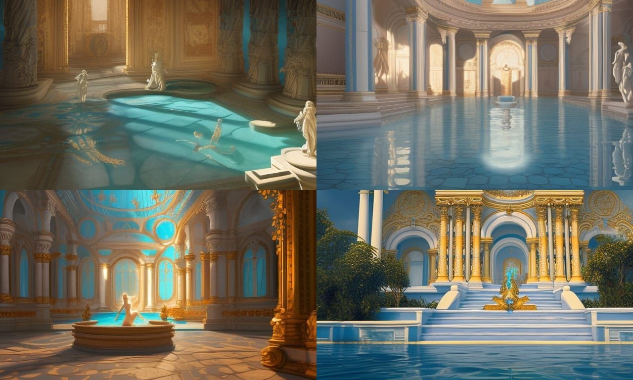 Rococo Pool with Greek Statue in Dreamlike Fantasy