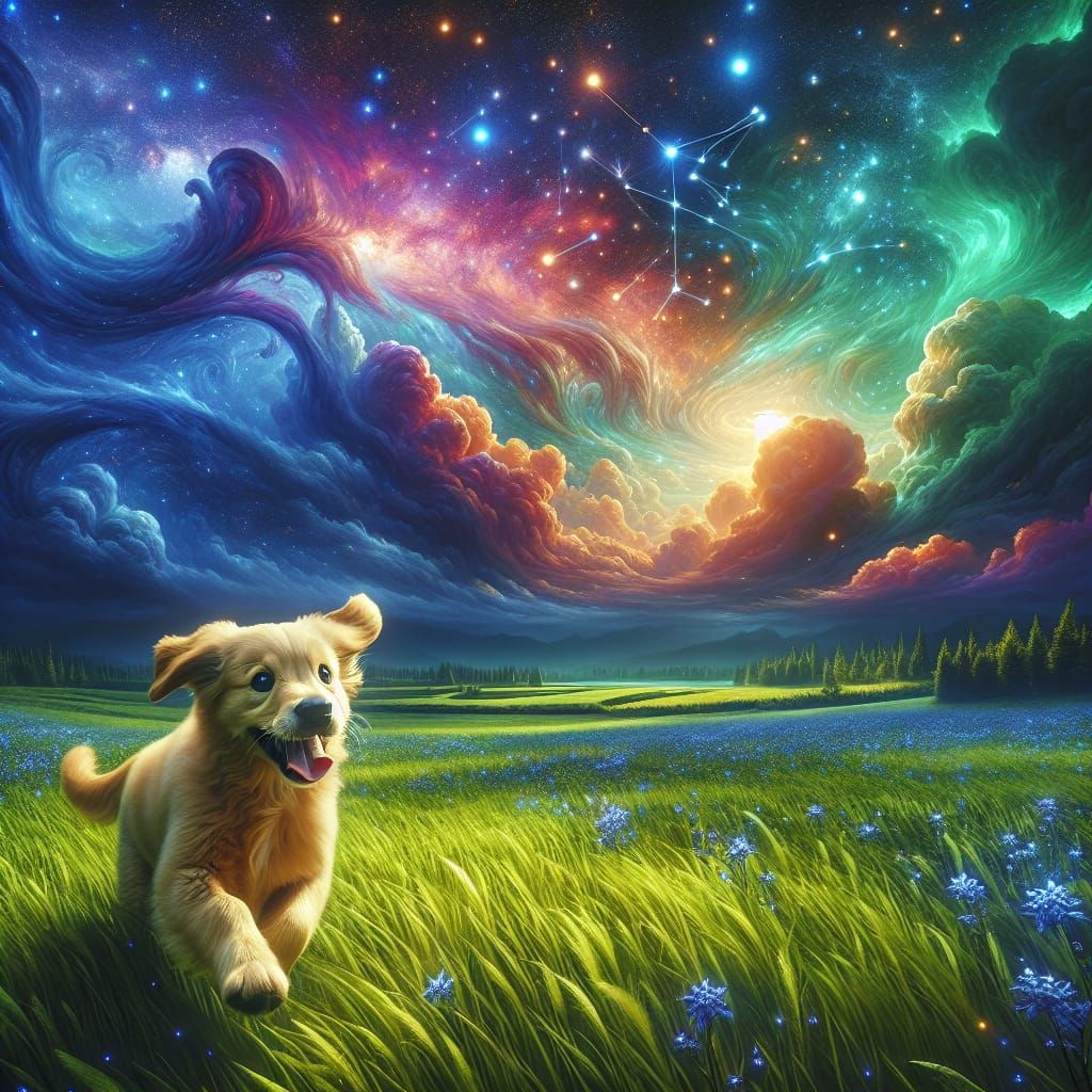 Golden Retriever Puppy in a Fantasy Nightscape