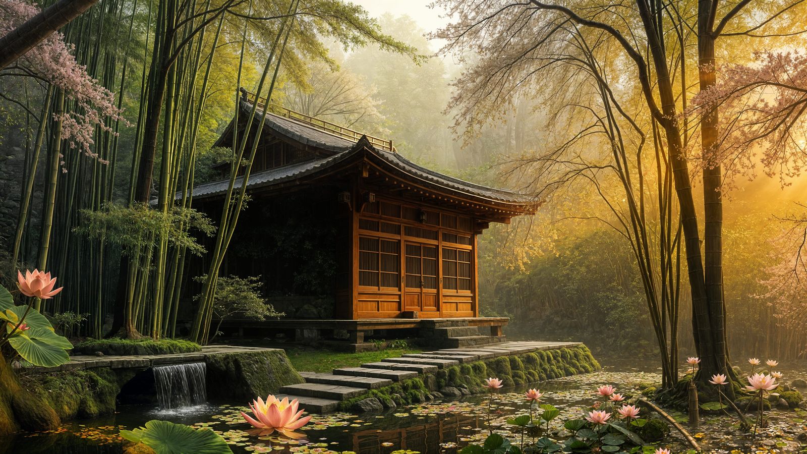 Zen Garden Temple in Golden Hour Light