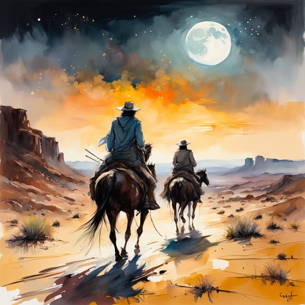 Impressionist Desert Travelers Under a Shining Moon