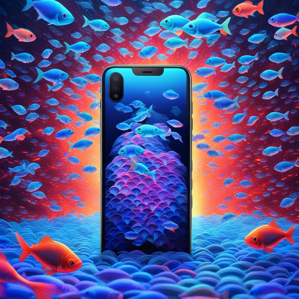 Surreal Smartphone with Neon Tetras, a Psychedelic Illustrat...