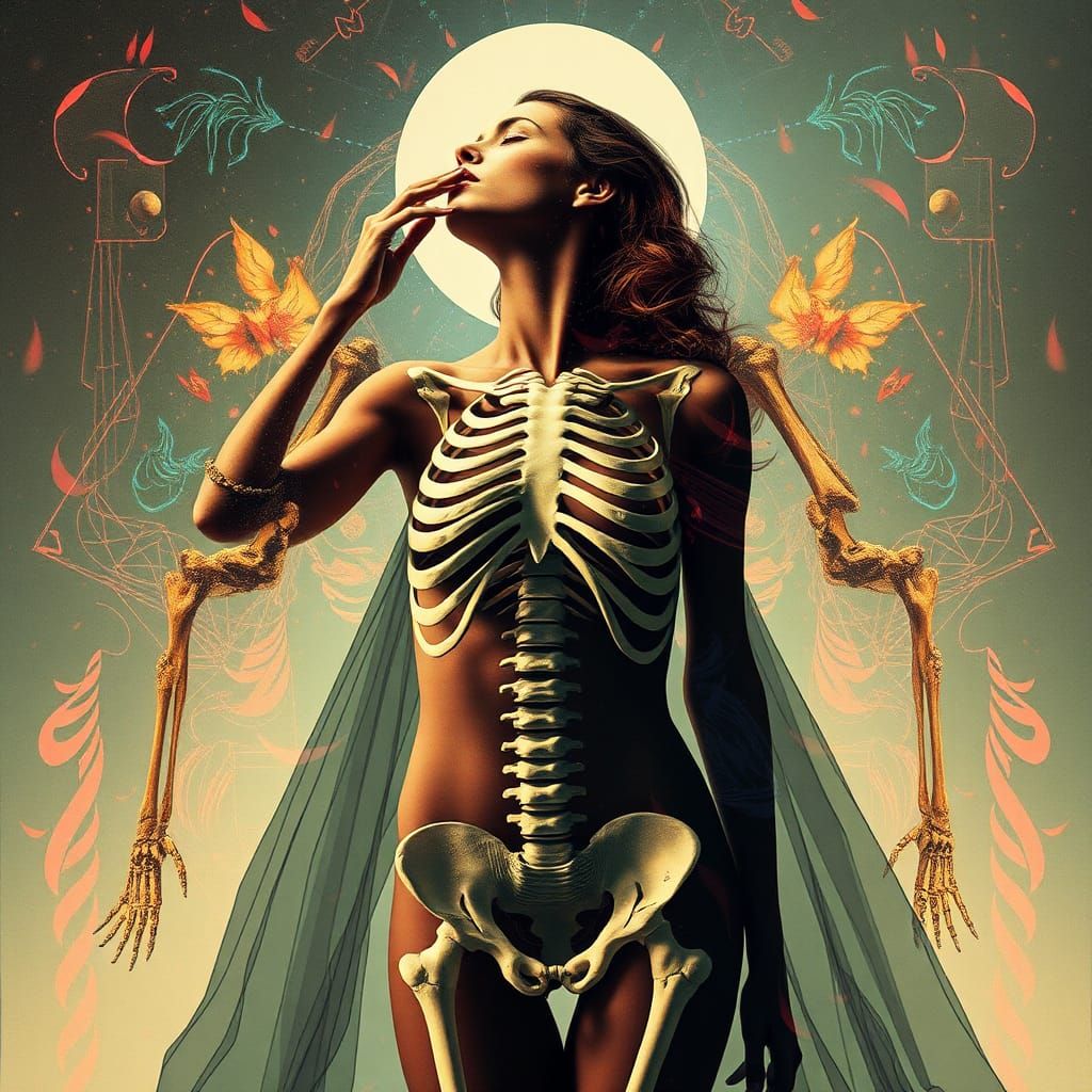 Surreal Fusion of Woman and Skeleton in Dreamscape