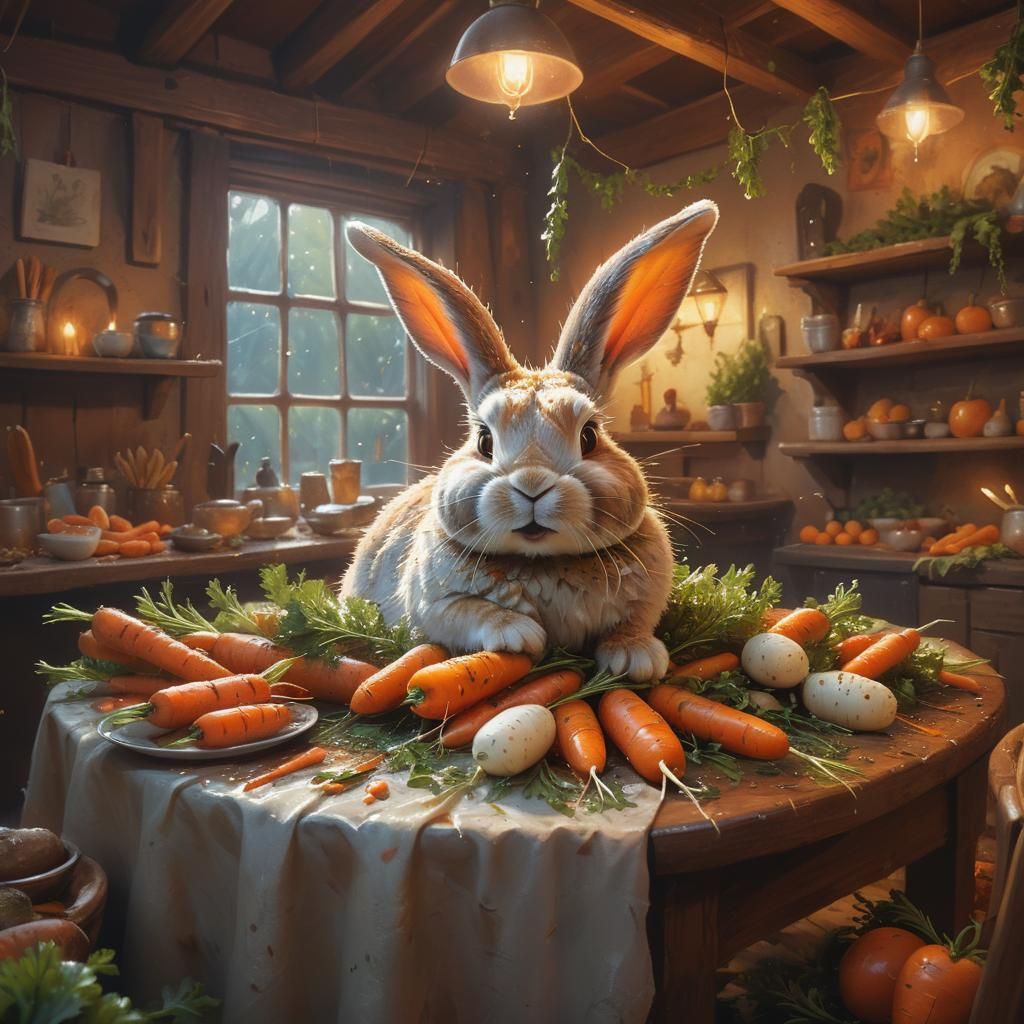 Hyper-Realistic Bunny Feast in Detailed Oil Painting Style