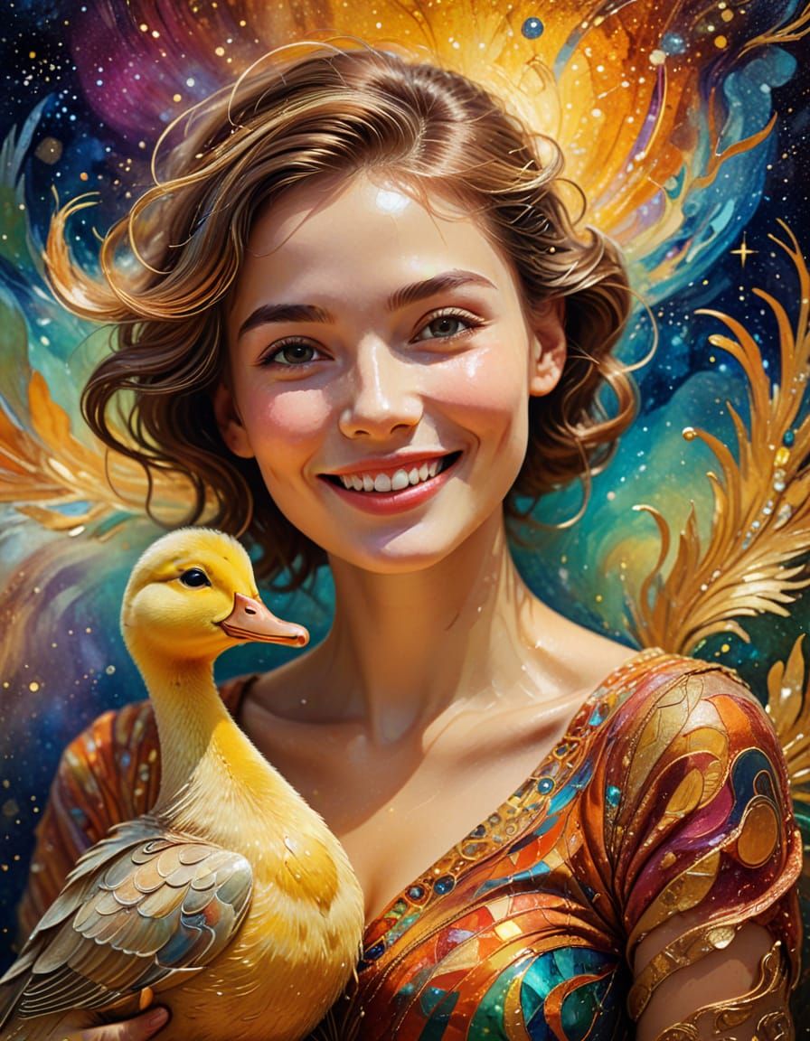Elegant Lady with Duckling in Space, Fauvism Style