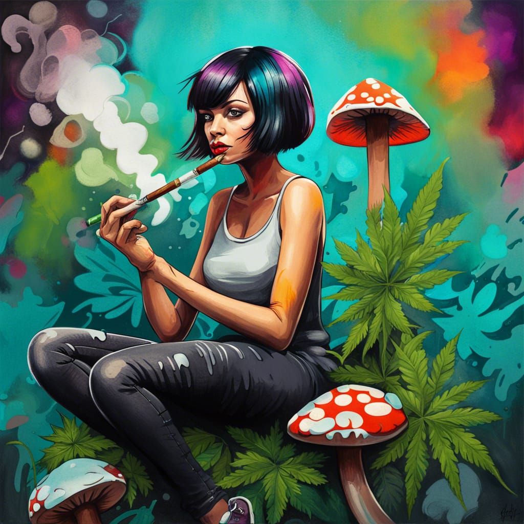 Whimsical Woman on Mushroom in Graffiti Art Style