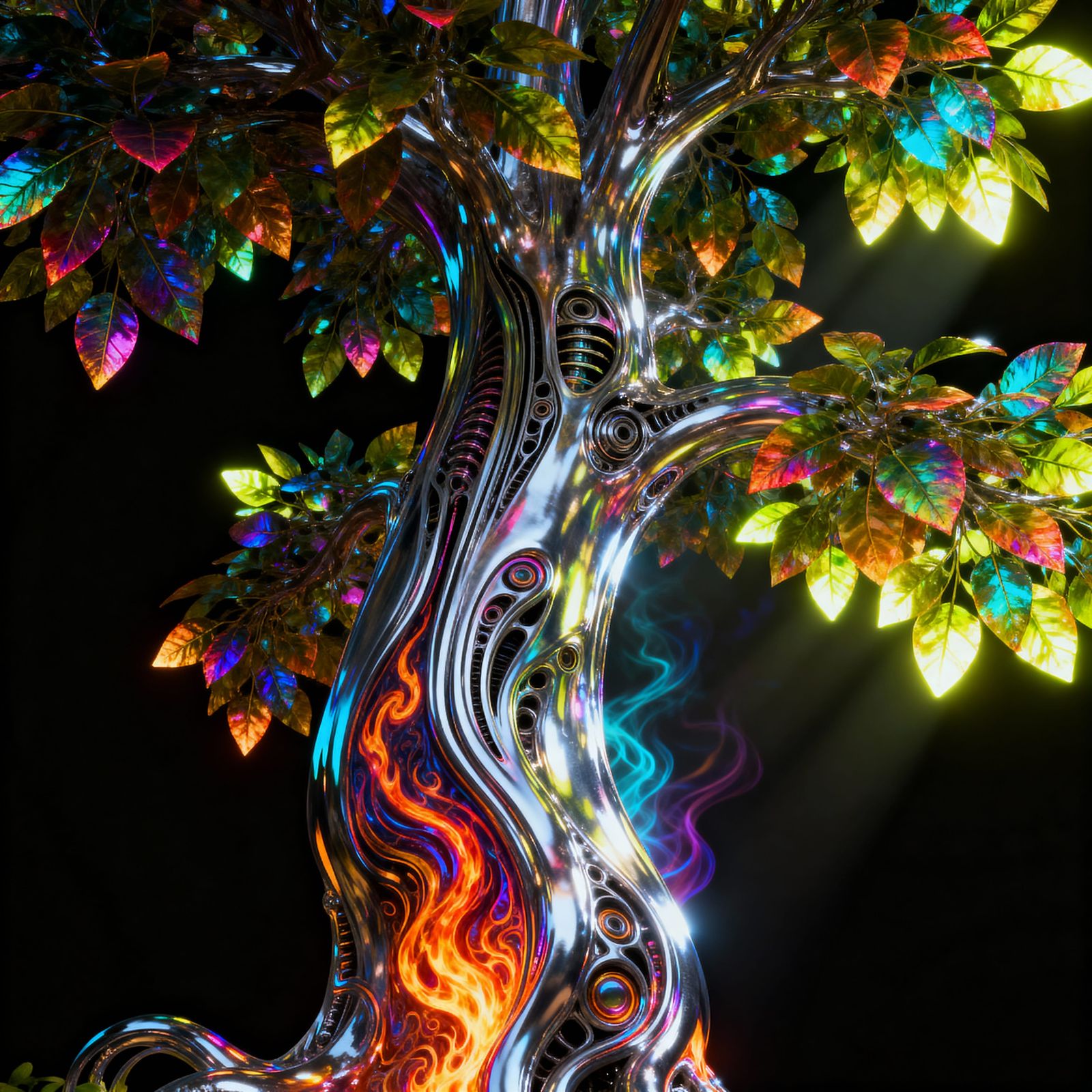 Fantasy Metal Tree with Iridescent Leaves and Fire Motifs