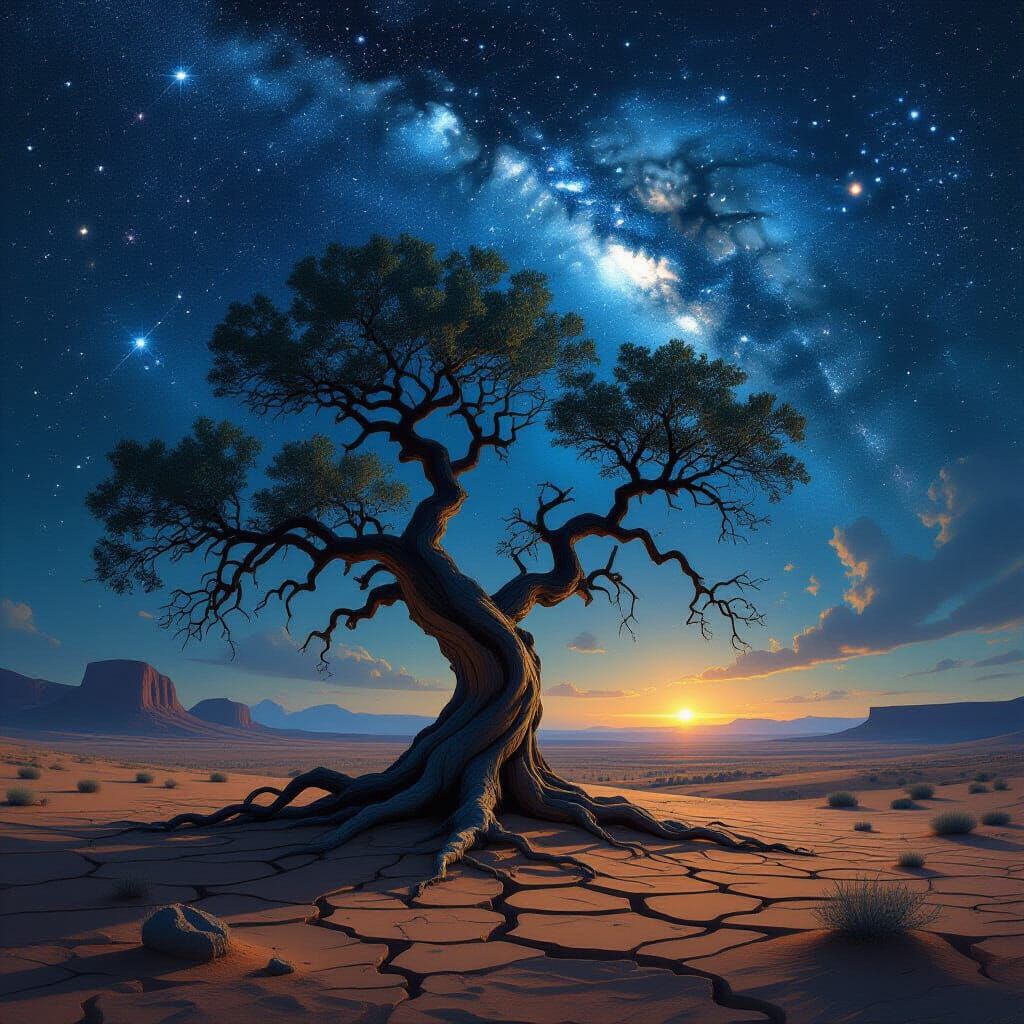 Ancient Desert Tree Under Cosmic Sky