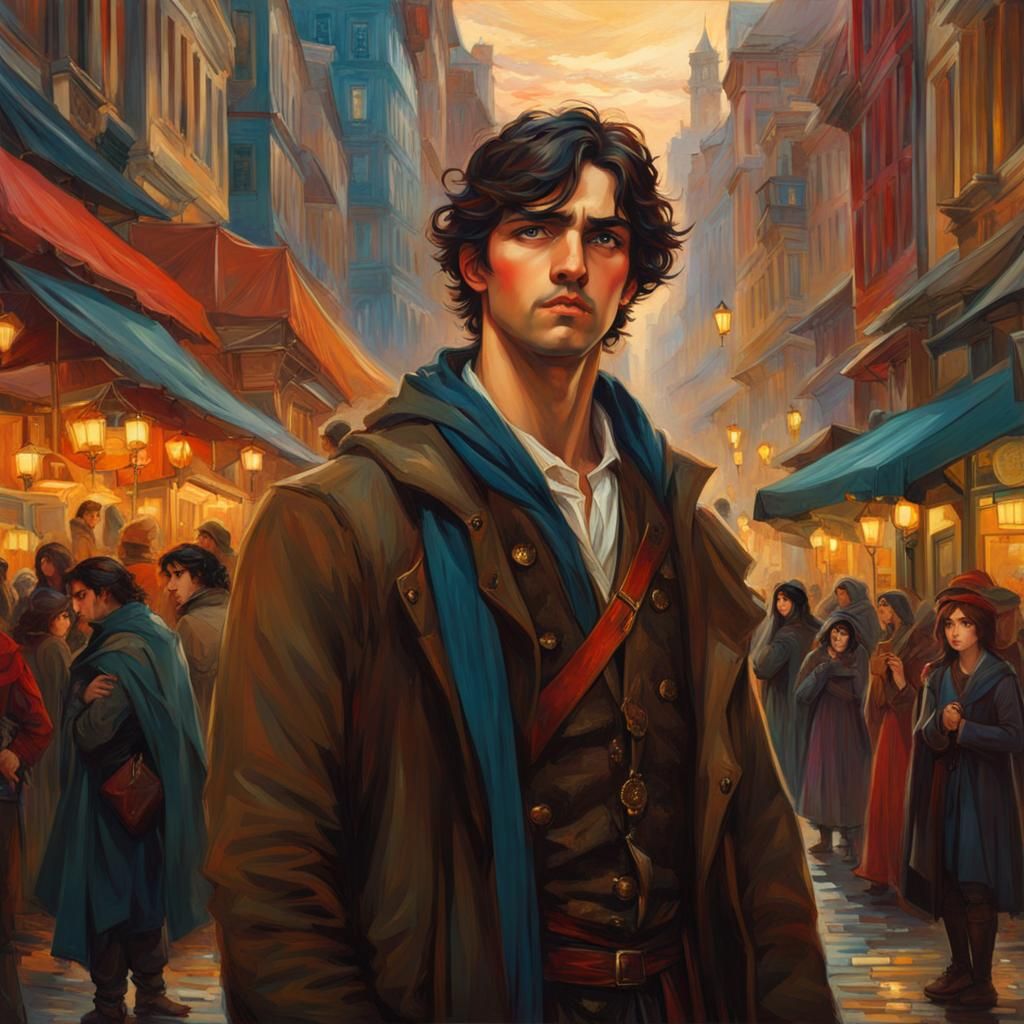 Stunned Man in City Street: Anime-Inspired Art