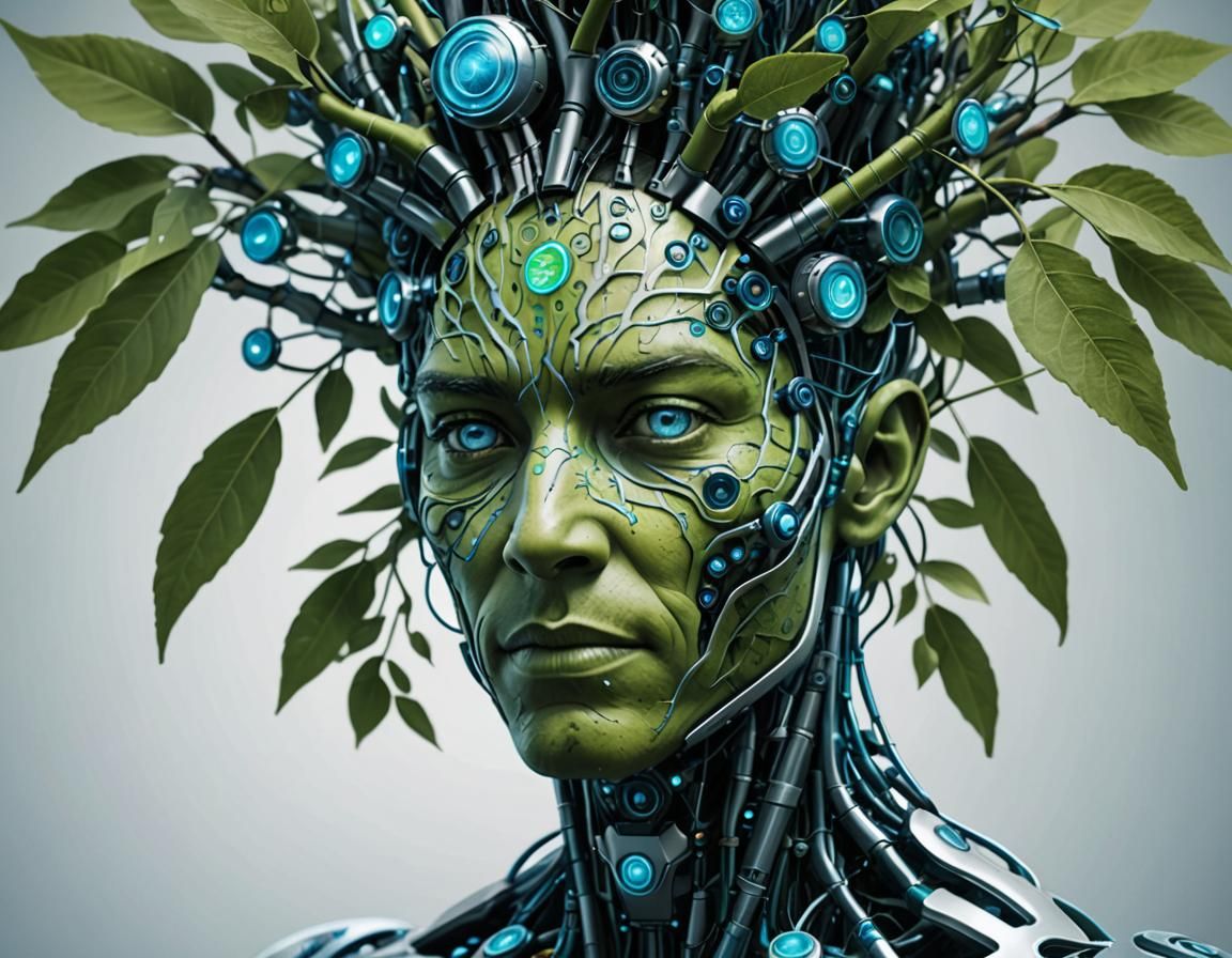 Futuristic Cyborg Tree with Electronic Devices