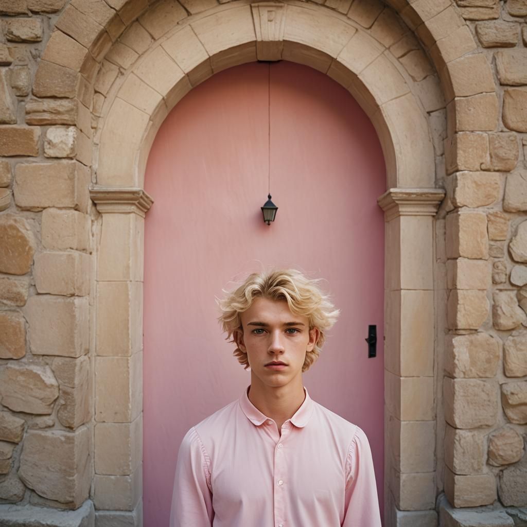 Ephebic Boy in Pink Dress at Stone Archway