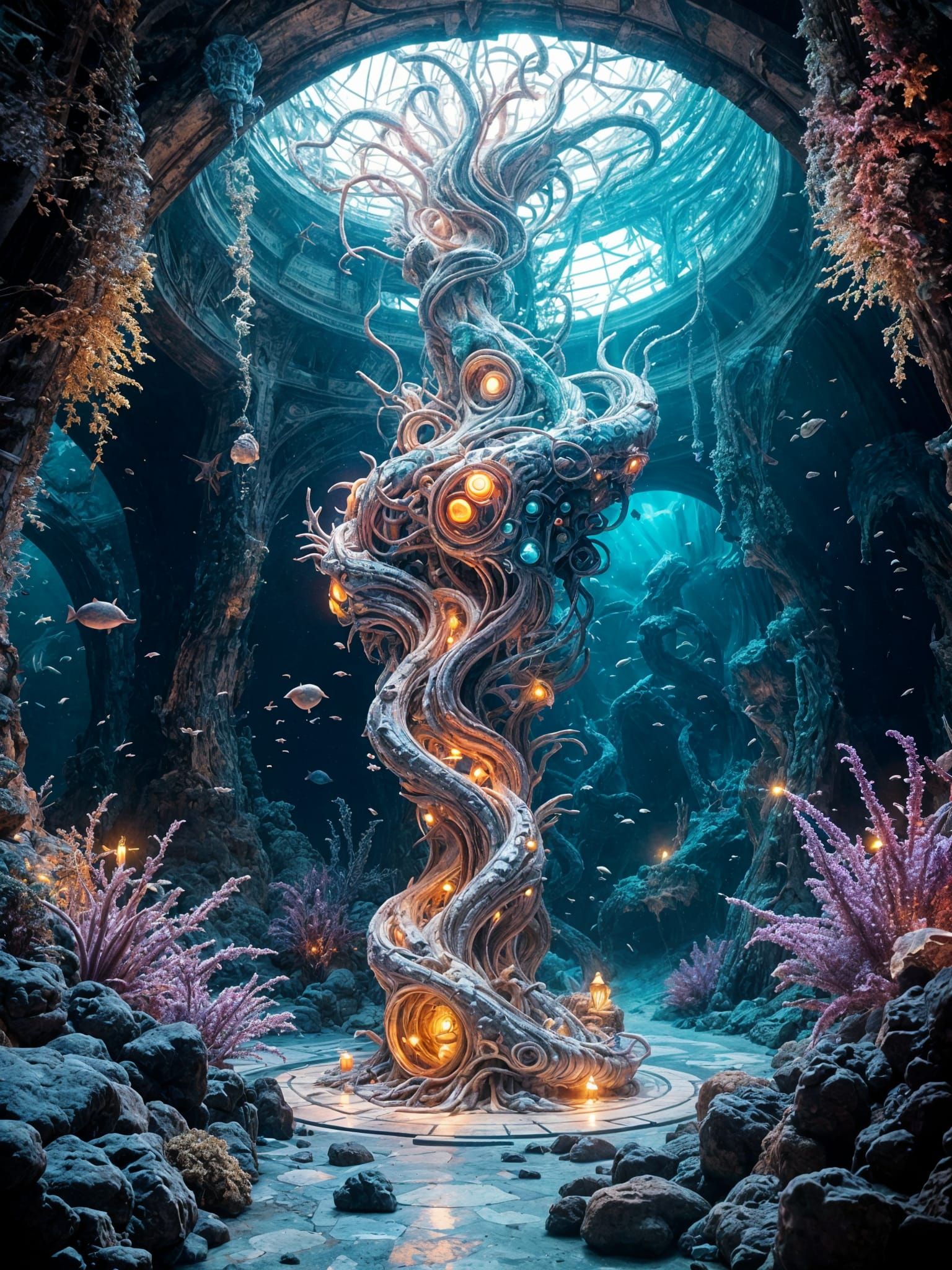 Eldritch Art Deco Sculpture in R'lyeh's Underwater Museum