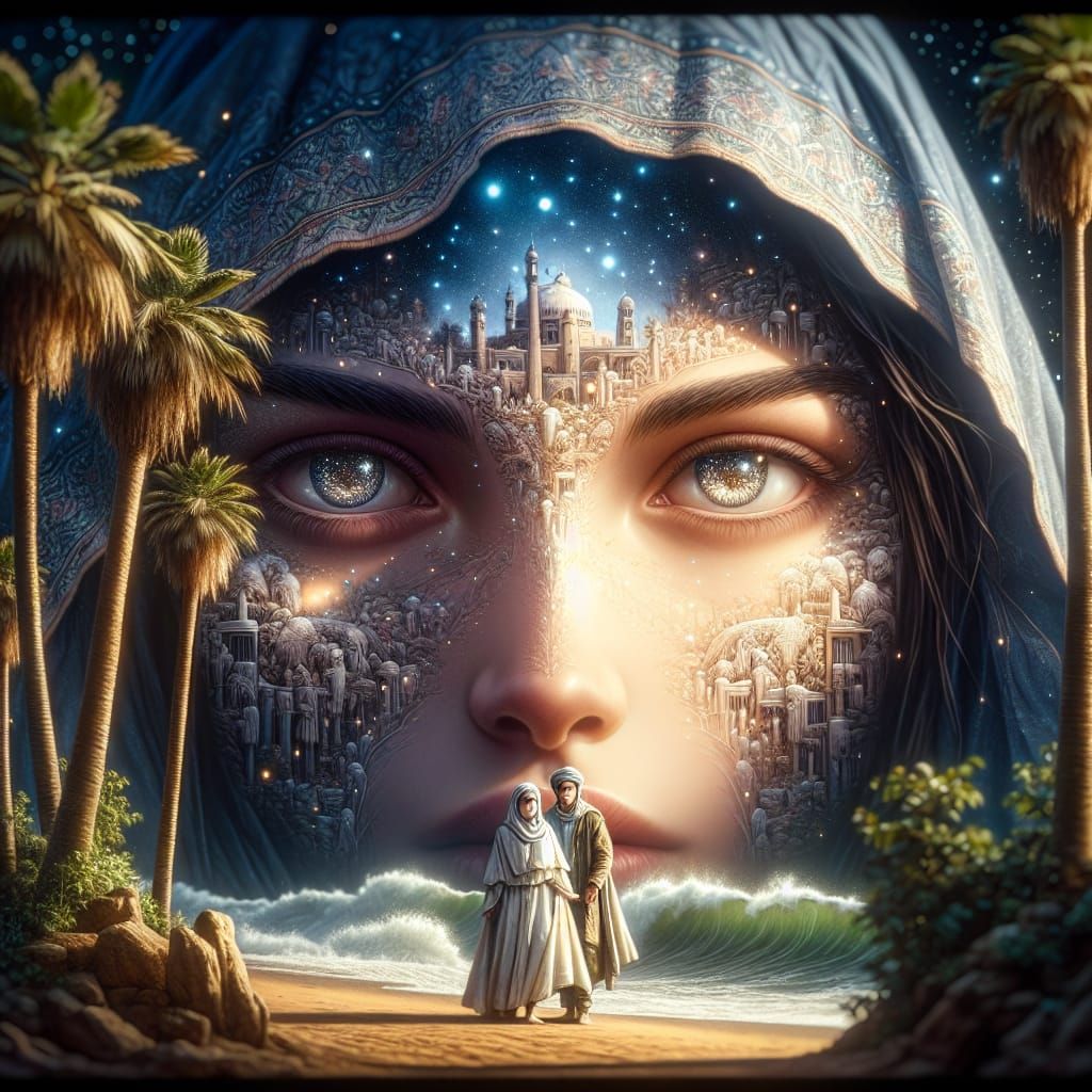 Magical Realism: Couple on Moroccan Beach at Night