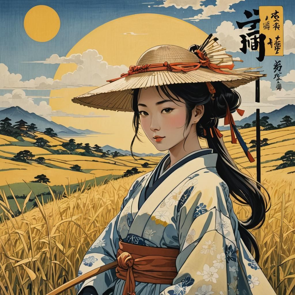 Elegant Samurai on Hayfield Hill in Ukiyo-e Style