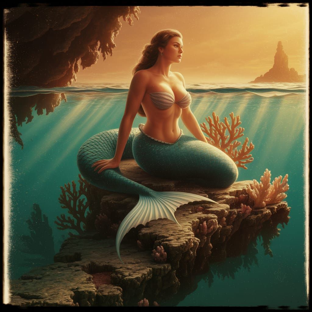 Shirtless Mermaid Luring Sailors, Digital Painting