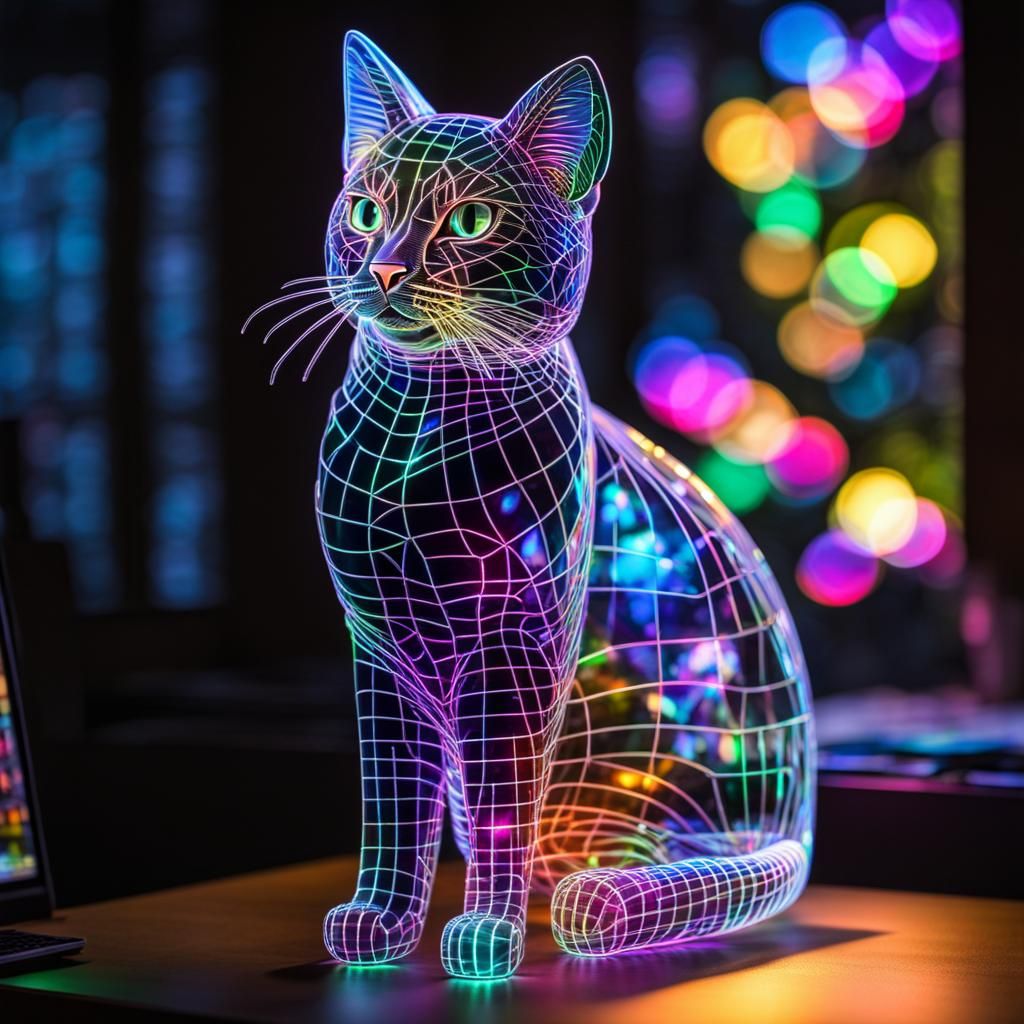 Holographic Cat Projection in Neon Hues