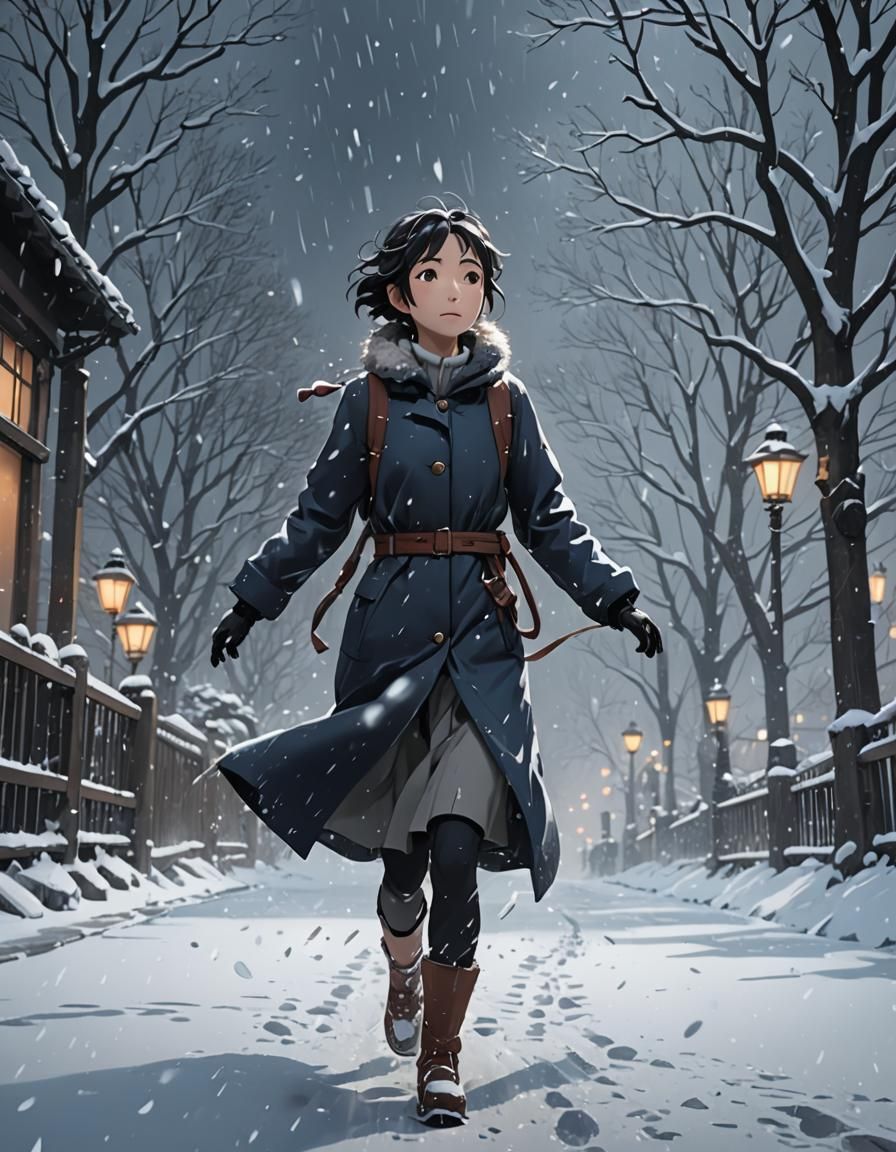 Snowy Anime Scene with Dynamic Lighting