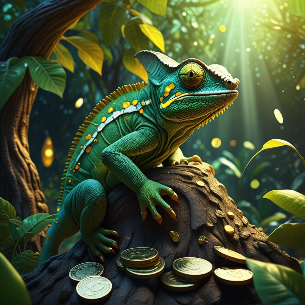 Vibrant Chameleon on a Golden Money Tree