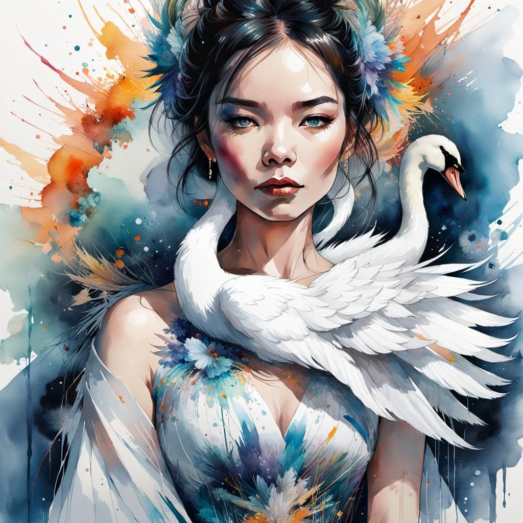 Swan Dress Portrait in Watercolor Manga Style