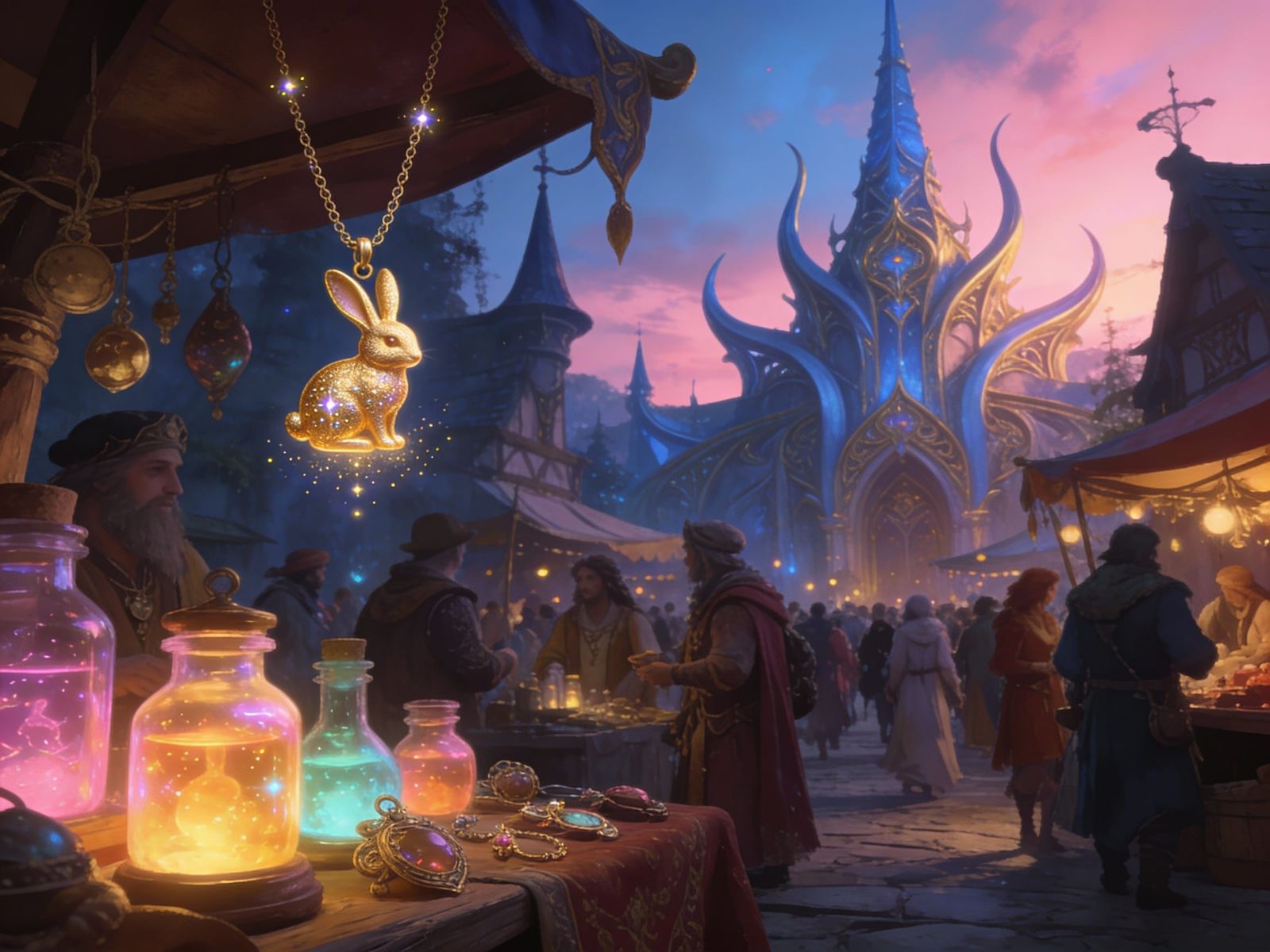 Medieval Marketplace at Twilight With Elven Architecture