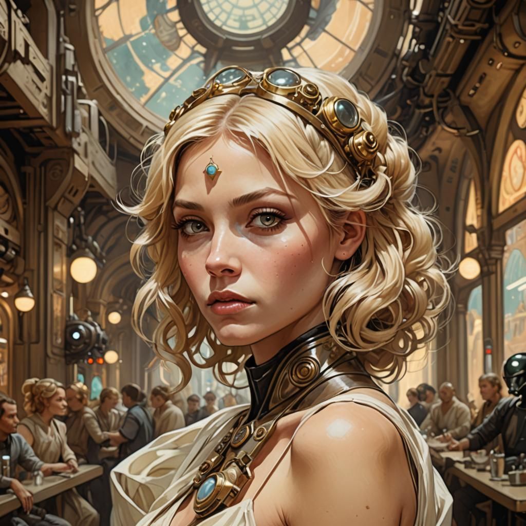 Blonde in Star Wars Cantina, Alphonse Mucha Style