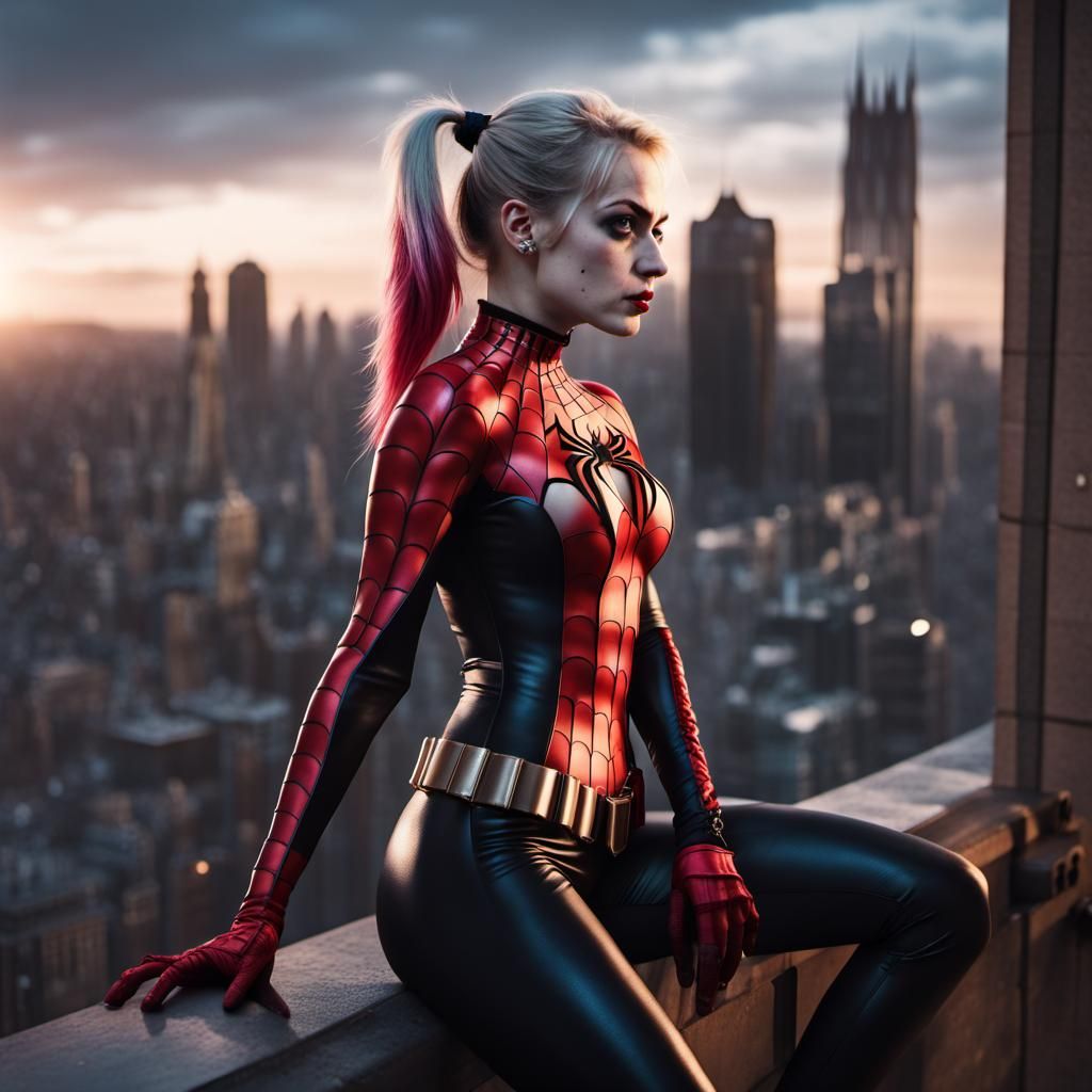 Spider-Man Harley Quinn on Gothic City Skyscraper