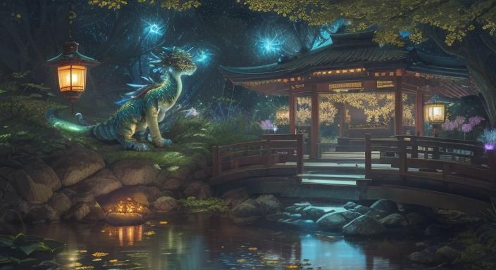 Chibi Dragon-Tiger in Luminous Asian Nightscape
