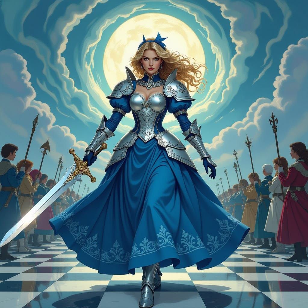 Warrior Alice in Wonderland on Chessboard Battlefield