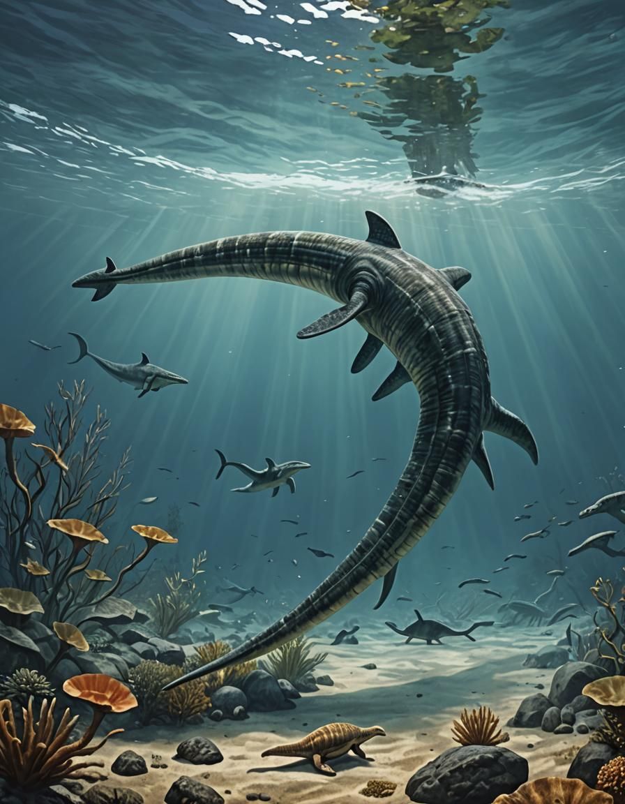Plesiosaurus Hunting for Food in Ocean