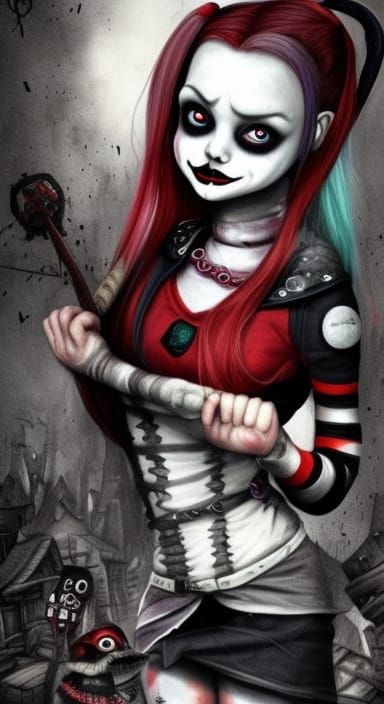 spine-chilling-Visigoth-Harley-Quinn-Wednesday-Addams-gnome with-city-wreckage-background