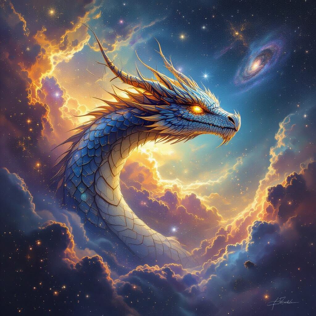 Celestial Dragon Soaring Through Nebula Sky