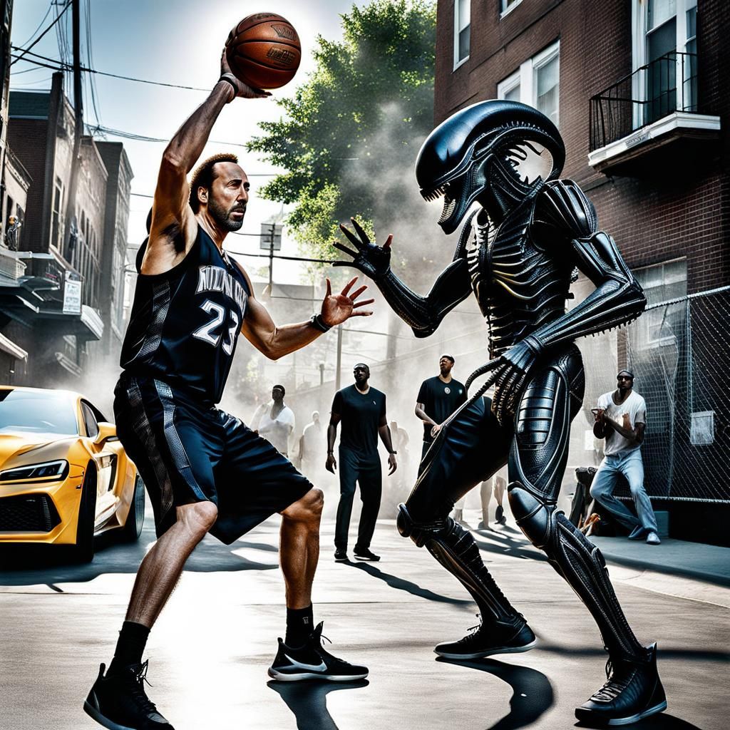 Nicolas Cage and Xenomorph playing street basketball