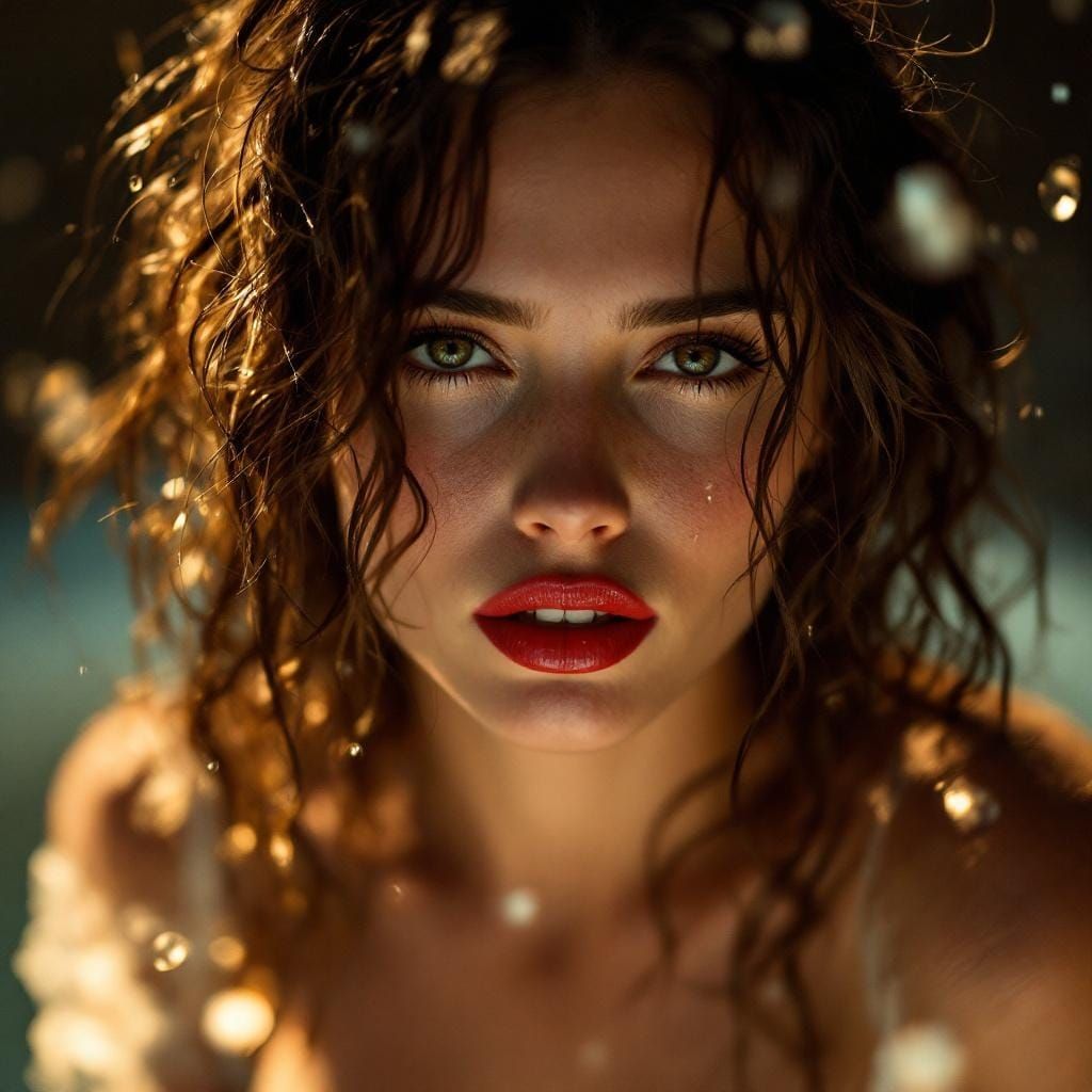 Sensual Woman with Red Lips in Painterly Realism