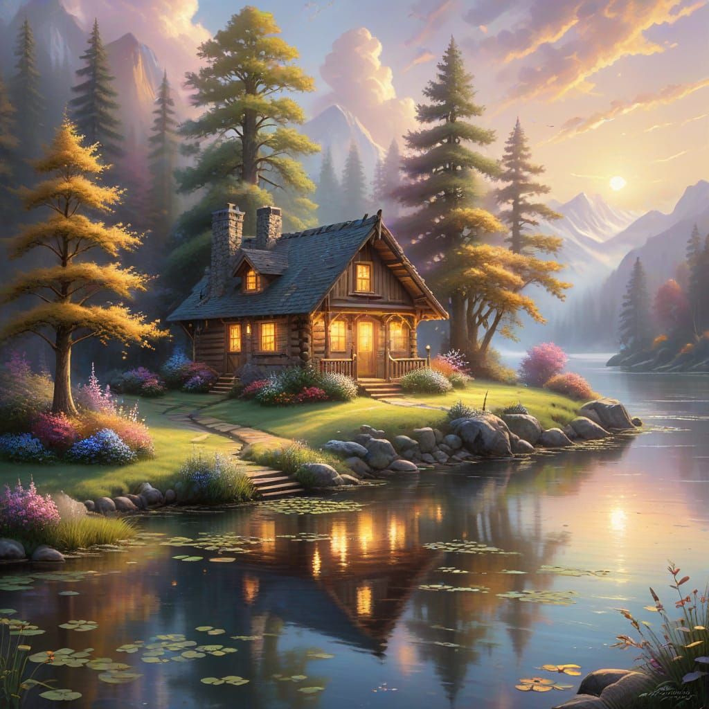 Ethereal Cabin on Floating Island in Fantasy Landscape