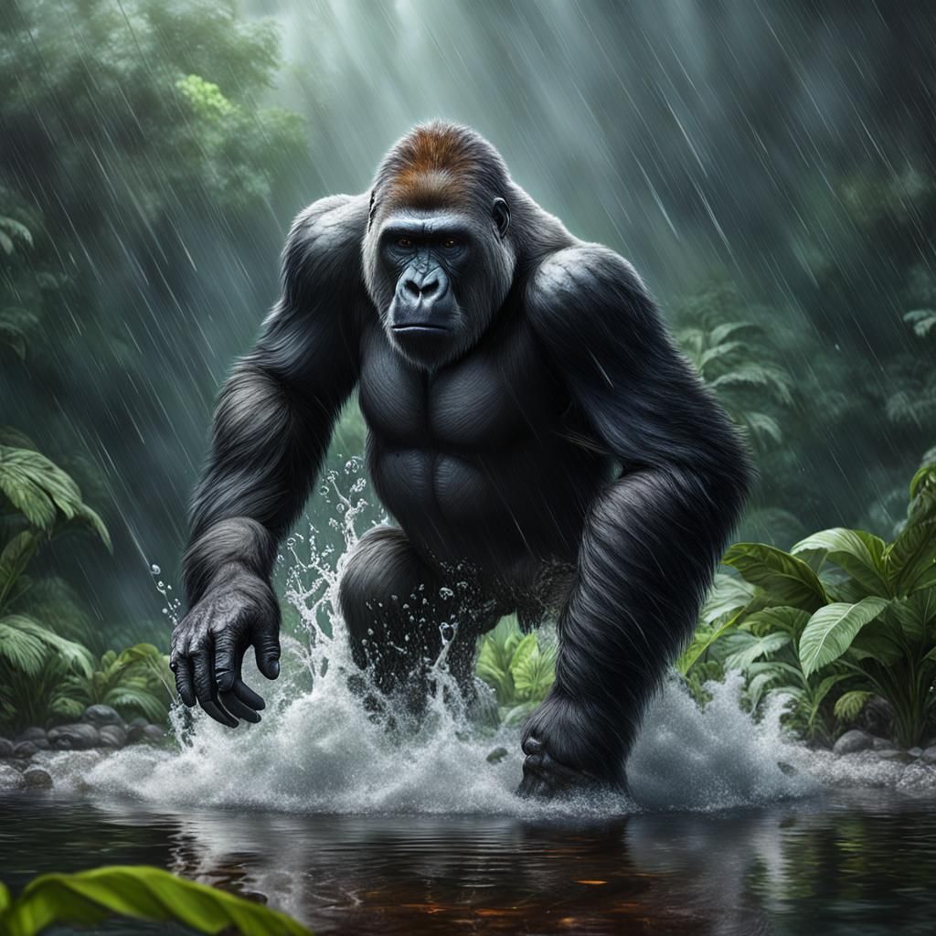 Dynamic Hyperrealistic Gorilla in Rainforest