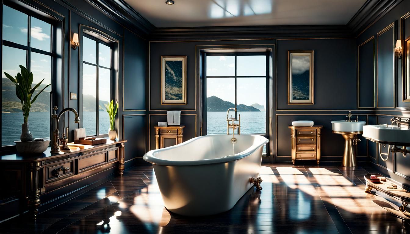 Modern Bathroom with Miniature Battleships, Hyperrealistic R...