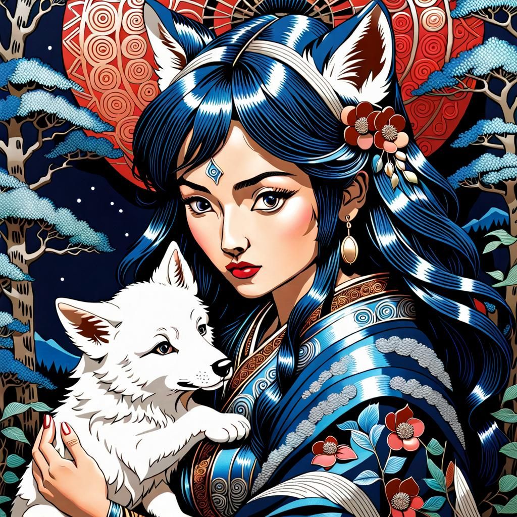 Indigenous Woman with Wolf Cub in Color Linoprint