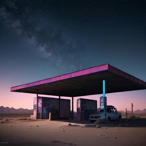 Desert Gas Station at Night with Pink and Blue Lights