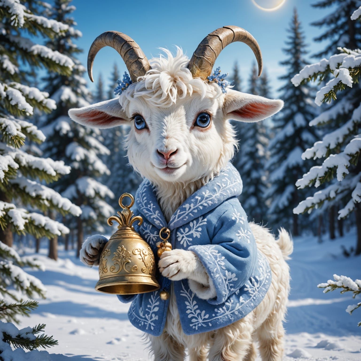 Charming Snow Maiden Goat in Fluffy Coat, Crown, and Bell