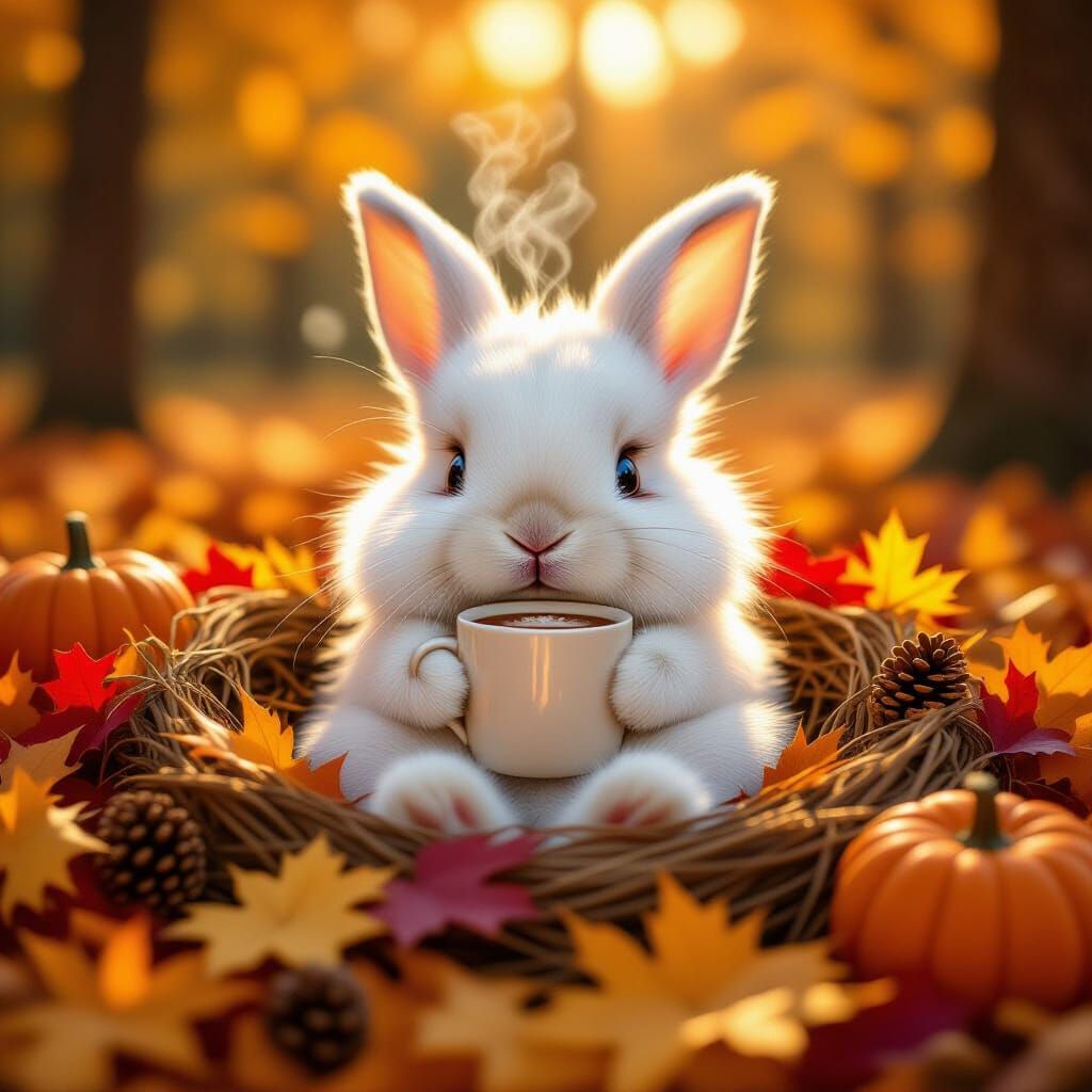 Fluffy Bunny Enjoys Hot Cocoa in Autumn Leaves