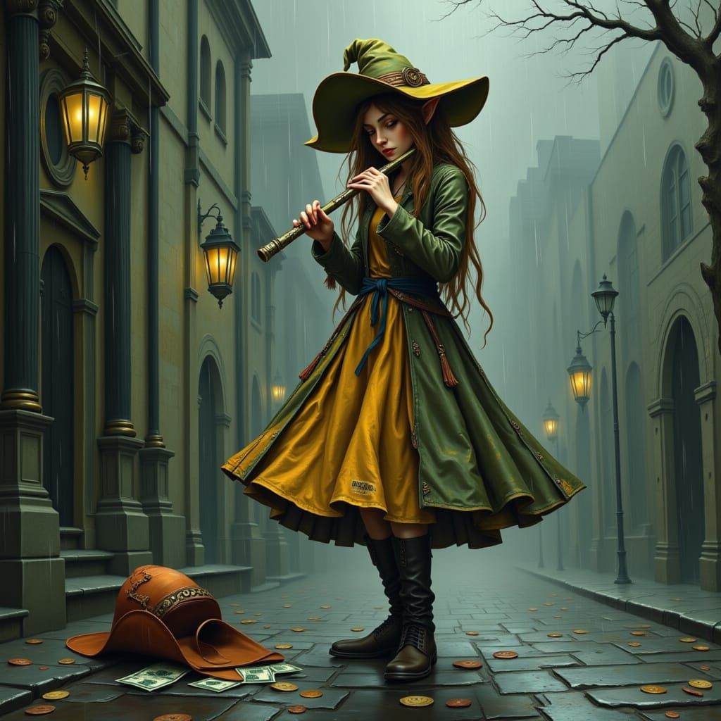 Dancing Elf Busker Plays Flute in the Rain