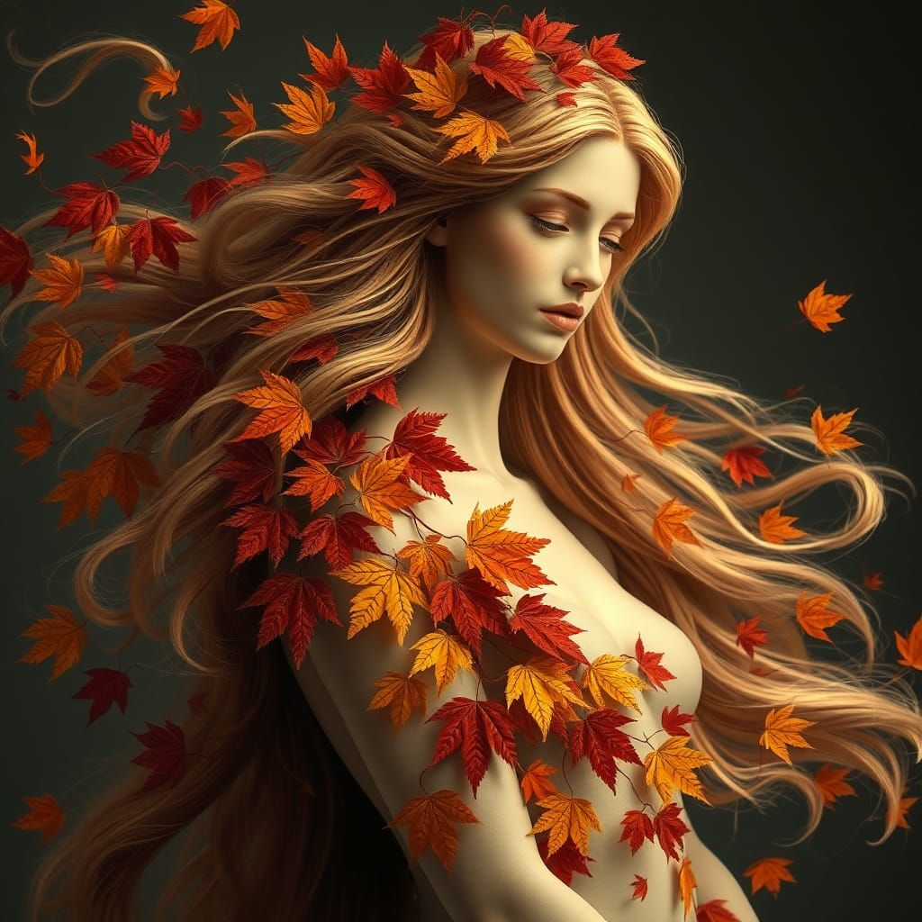 Melancholic Autumn Goddess in Art Nouveau Style
