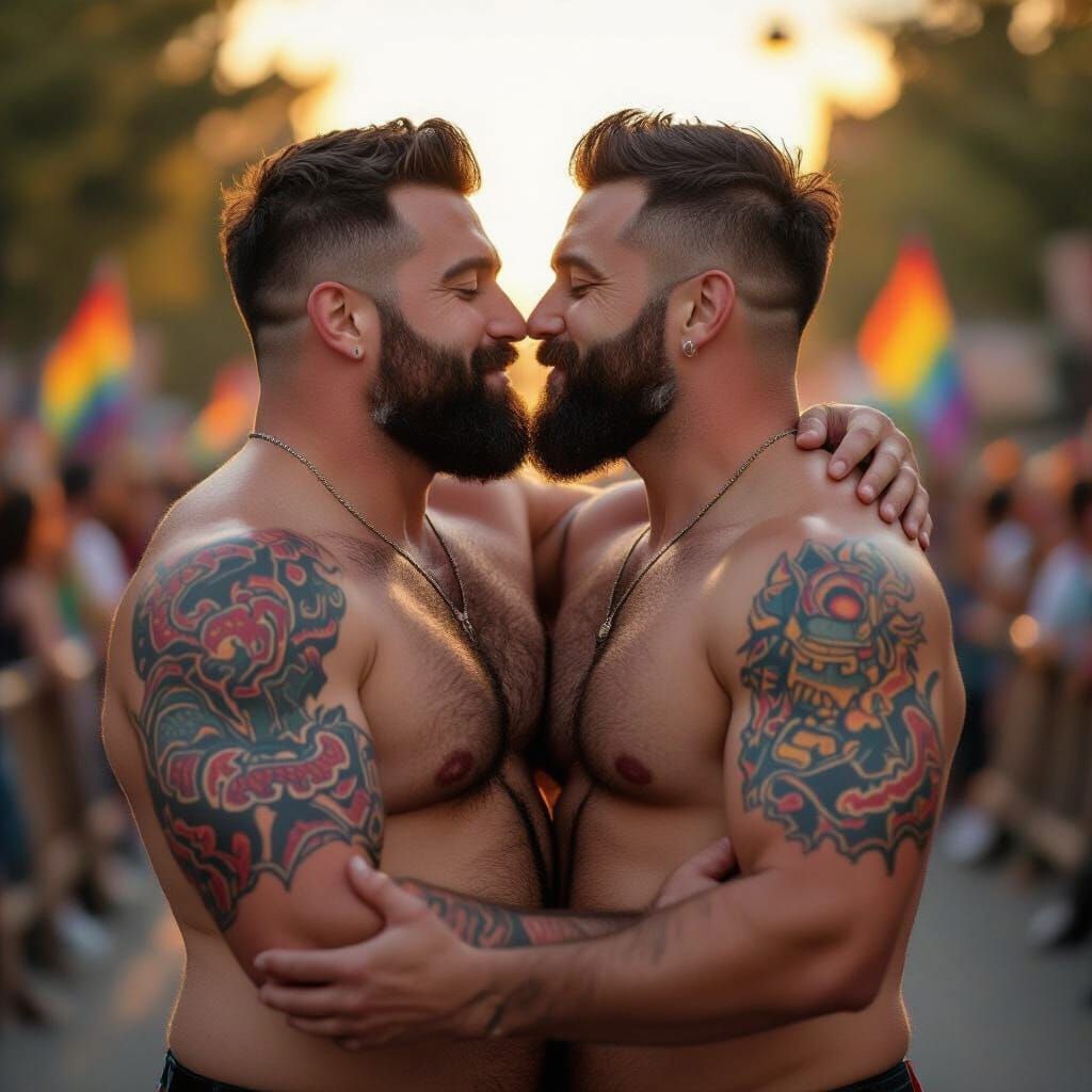Muscular Gay Couple Embraces at Vibrant Pride Parade