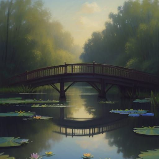 Whimsical Impressionist Lake Scene with Delicate Bridge