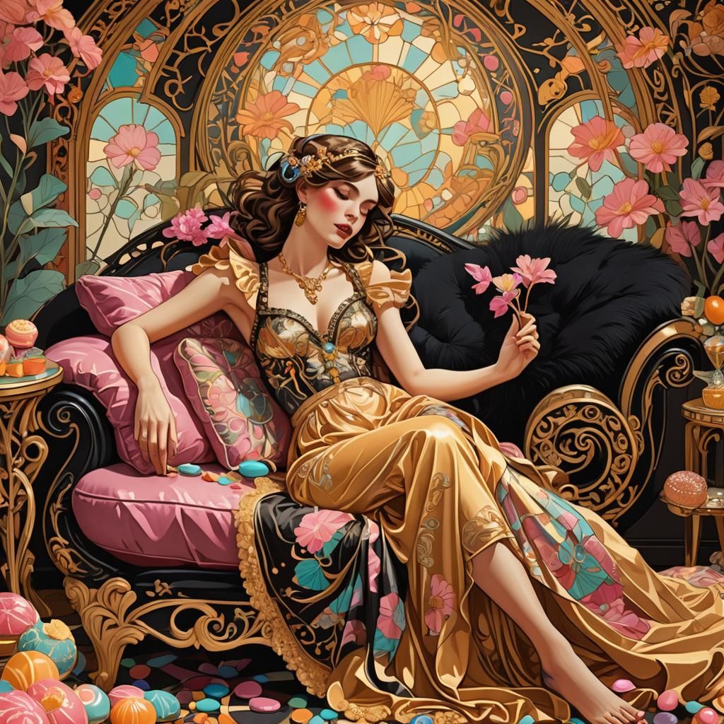 Art Nouveau Woman Lounging in Black and Gold