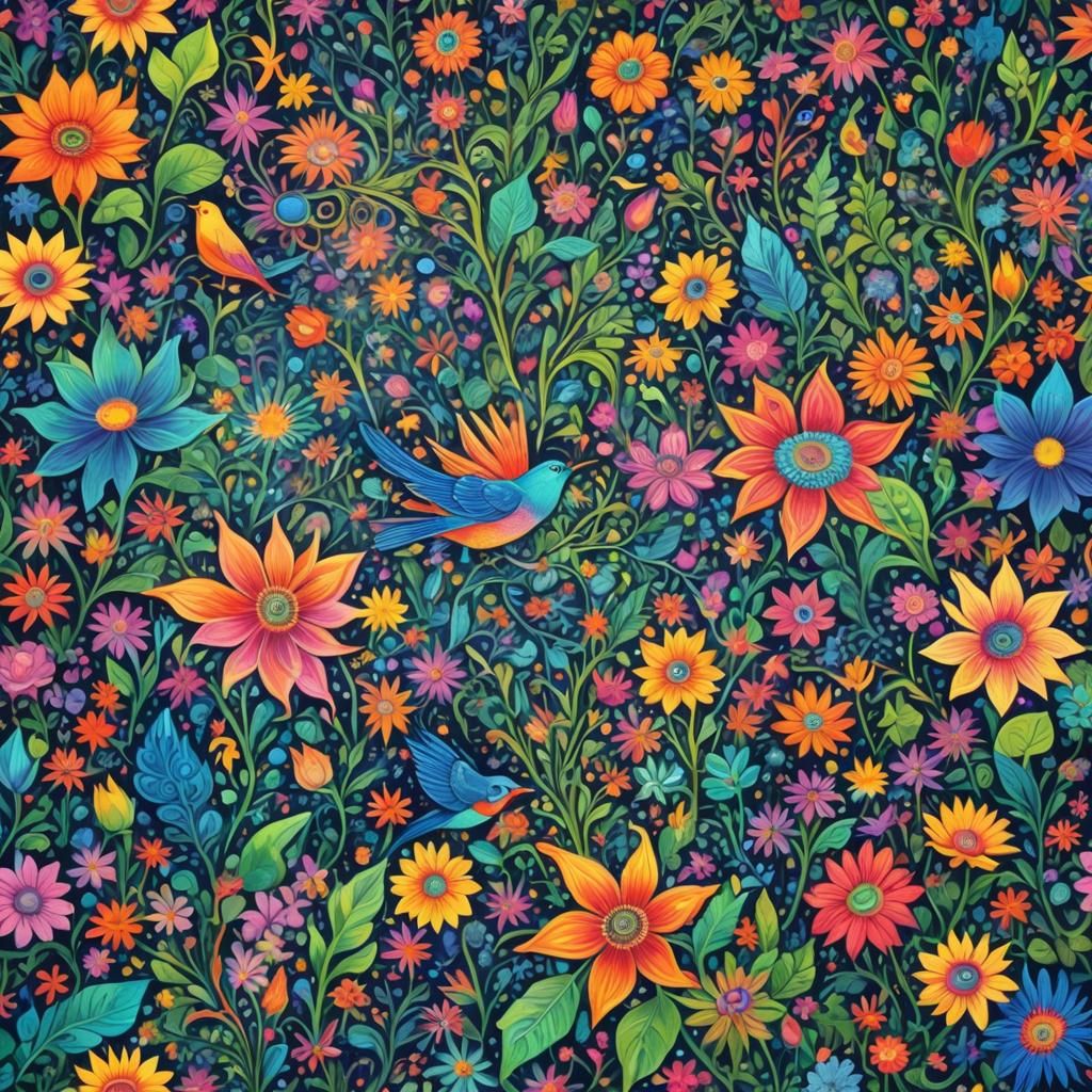 Psychedelic Garden in Cosmic Art Style
