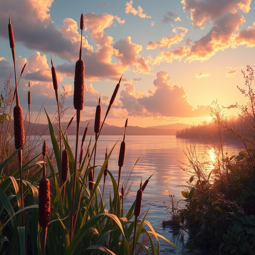 Lush Riverbank Scene in Dreamlike Sunset Colors